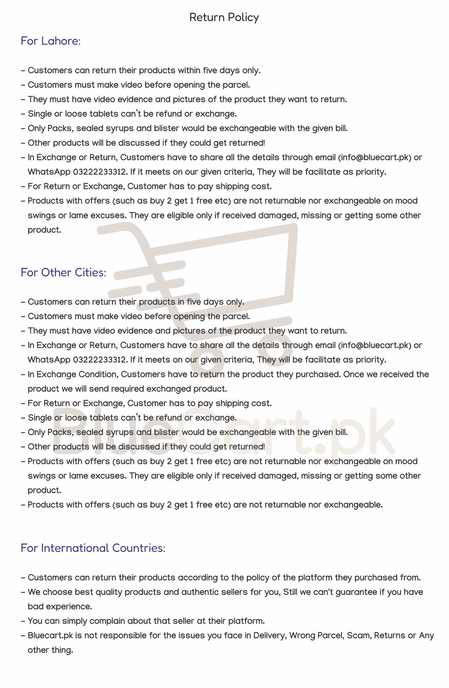 Return Policy of bluecart.pk